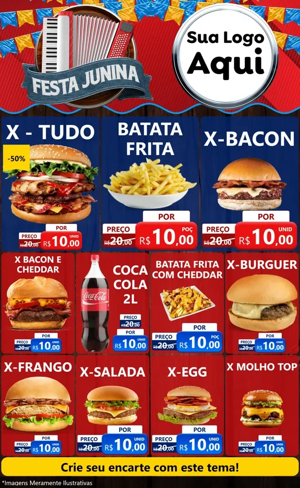 Modelo de Encarte para Encarte Grande com o tema Festa Junina para Hamburgueria