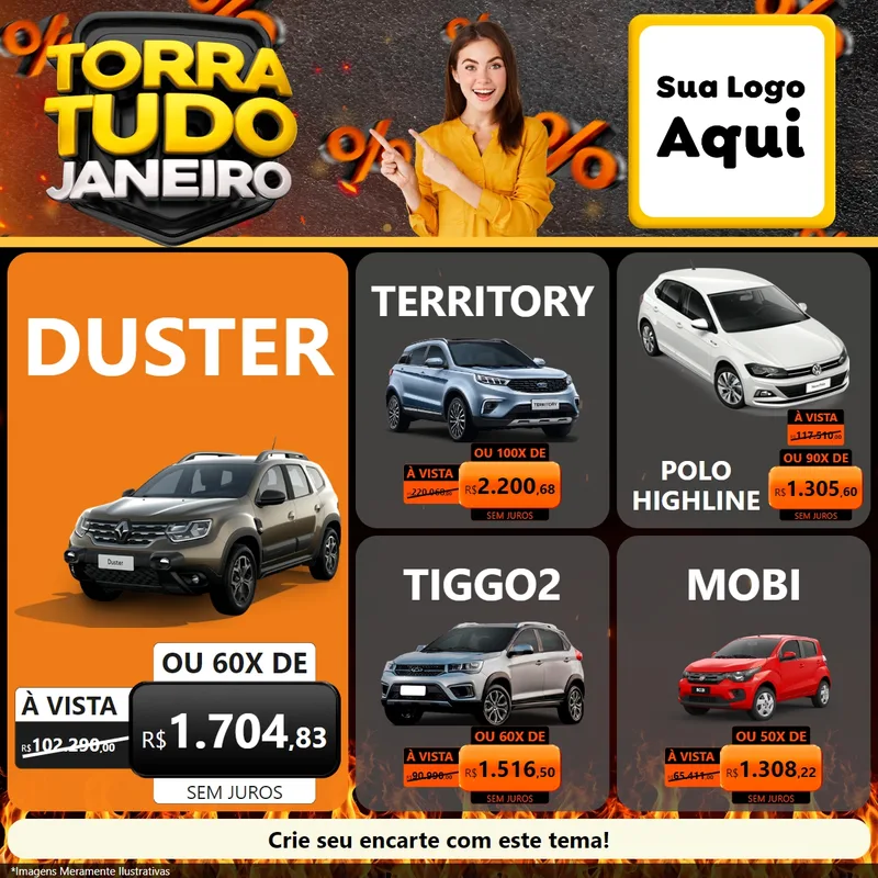 Modelo de Rede Social para Feed Facebook com o tema Torra Tudo Janeiro para Concessionaria de Carros