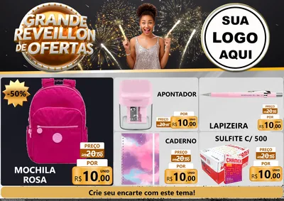 Modelo de Encarte para Encarte A4 Horizontal com o tema Grande Réveillon de Ofertas para Papelaria