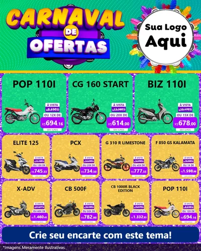 Modelo de Rede Social para Feed Instagram com o tema Carnaval de Ofertas para Concessionaria de Motos