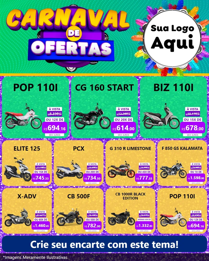 Modelo de Rede Social para Feed Instagram com o tema Carnaval de Ofertas para Concessionaria de Motos