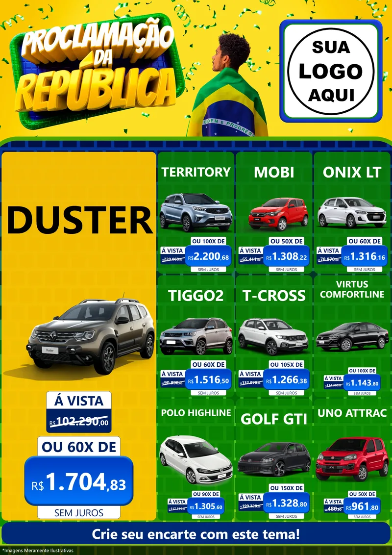 Modelo de Encarte para Encarte A4 Vertical com o tema Proclamação da República para Concessionaria de Carros