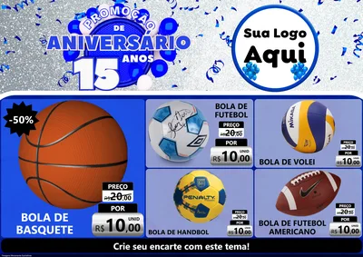 Modelo de Encarte para Encarte A4 Horizontal com o tema Promoção de Aniversário - 15 Anos para Artigos Esportivos