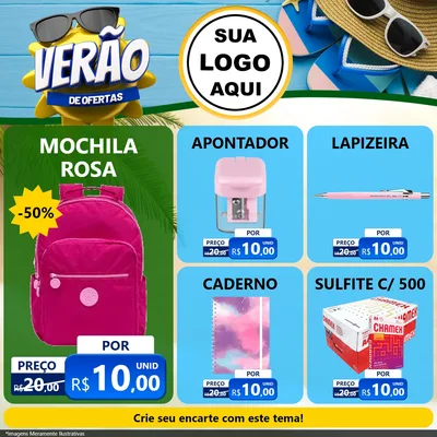 Modelo de Rede Social para Feed Facebook com o tema Verão de Ofertas para Papelaria
