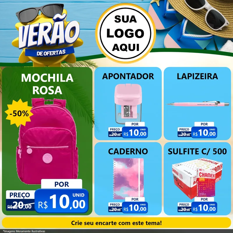 Modelo de Rede Social para Feed Facebook com o tema Verão de Ofertas para Papelaria