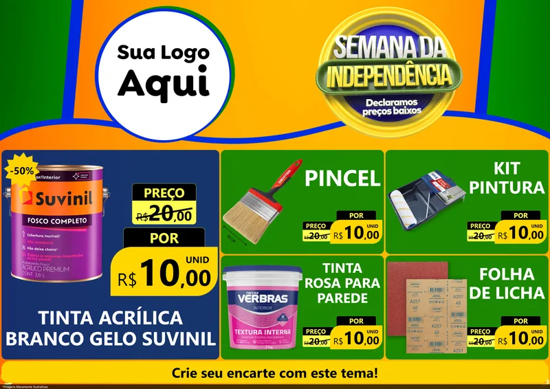 Modelo de Encarte para Encarte A4 Horizontal com o tema Semana da Independência Declaramos Preços Baixos para Tintas e Ferramentas