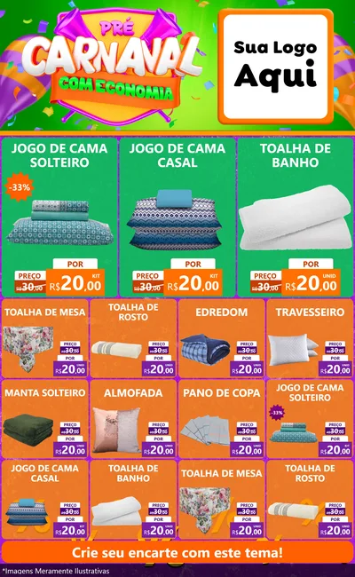 Modelo de Encarte para Encarte Grande com o tema Pré-Carnaval Com Economia para Cama, Mesa e Banho