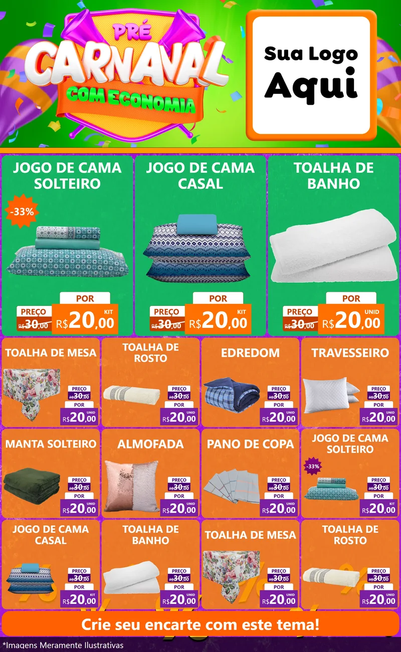 Modelo de Encarte para Encarte Grande com o tema Pré-Carnaval Com Economia para Cama, Mesa e Banho