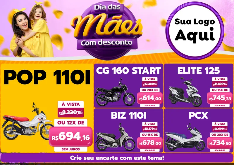 Modelo de Encarte para Encarte A4 Horizontal com o tema Dia das Mães com Desconto para Concessionaria de Motos