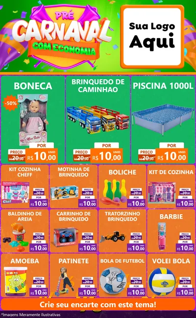 Modelo de Encarte para Encarte Grande com o tema Pré-Carnaval Com Economia para Brinquedos