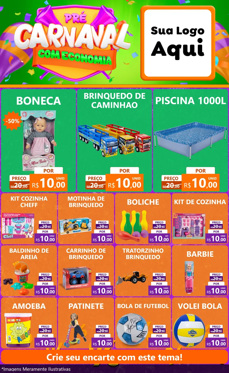 Modelo de Encarte para Encarte Grande com o tema Pré-Carnaval Com Economia para Brinquedos