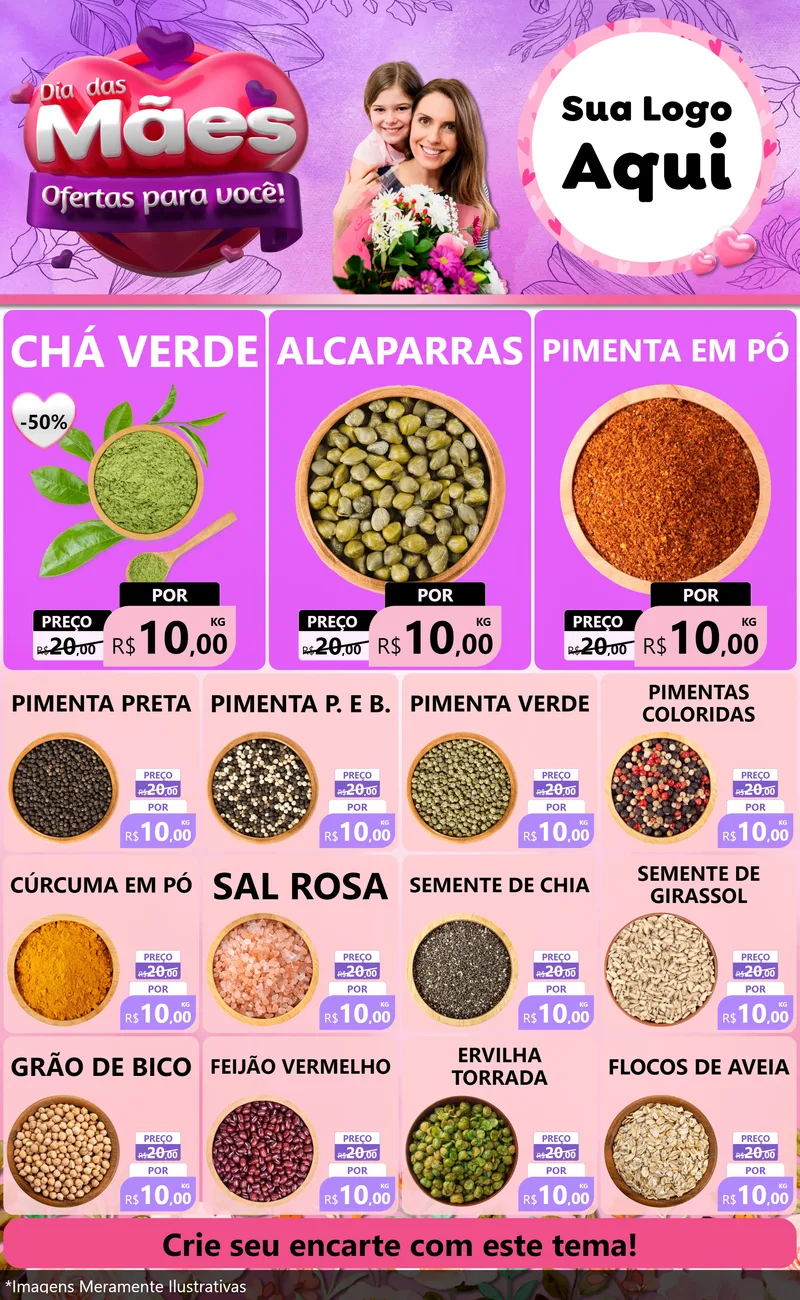 Modelo de Encarte para Encarte Grande com o tema Dia das Mães Ofertas para Você! para Produtos Naturais