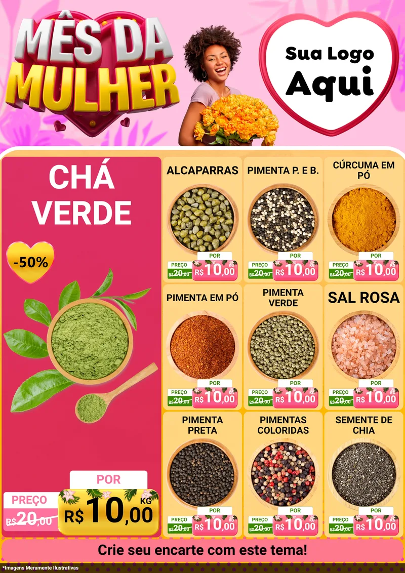 Modelo de Encarte para Encarte A4 Vertical com o tema Mês da Mulher para Produtos Naturais