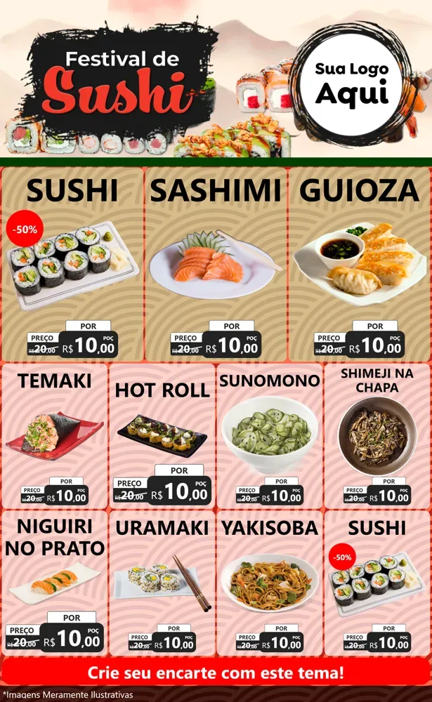 Modelo de Encarte para Encarte Grande com o tema Festival de Sushi para Comida japonesa