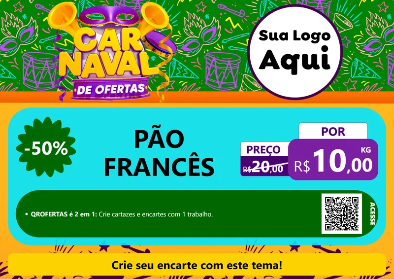 Modelo de Cartaz para Cartaz A4 Horizontal com o tema Carnaval de Ofertas para Padaria