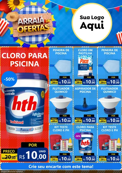 Modelo de Encarte para Encarte A4 Vertical com o tema Arraiá de Ofertas para Produtos para Piscina