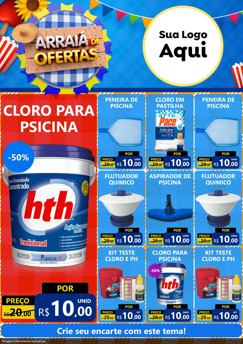 Modelo de Encarte para Encarte A4 Vertical com o tema Arraiá de Ofertas para Produtos para Piscina