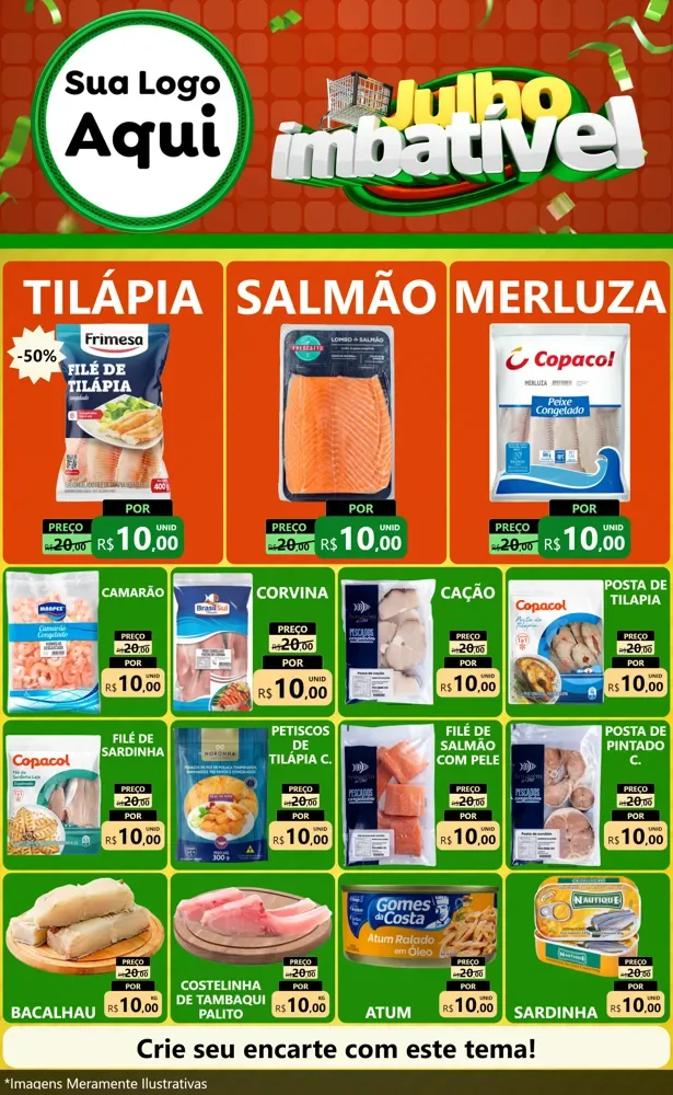 Modelo de Encarte para Encarte Grande com o tema Julho Imbatível para Peixaria