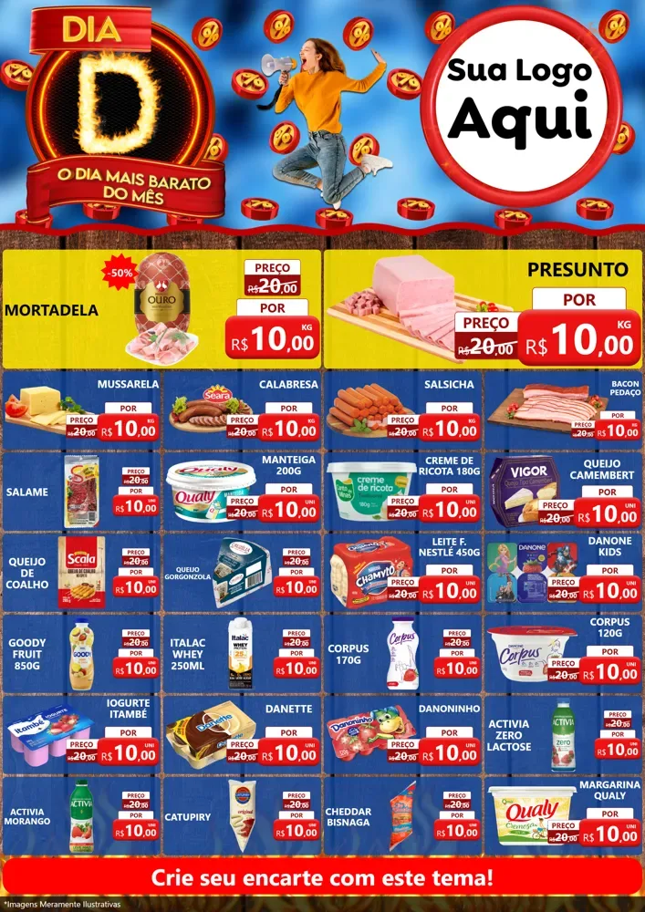 Modelo de Encarte para Encarte A4 Vertical com o tema Dia D - O Dia Mais Barato Do Mês para Frios e Laticínios