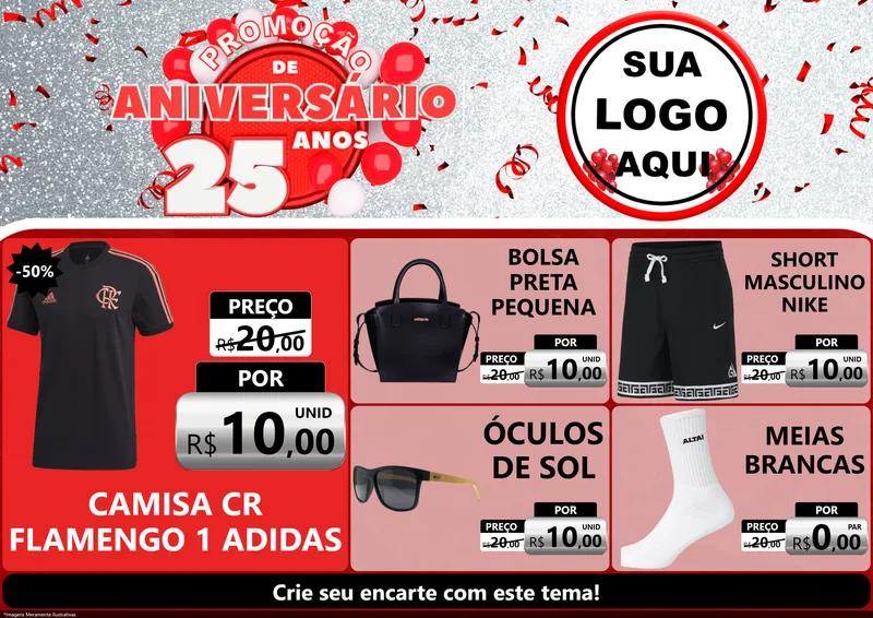 Modelo de Encarte para Encarte A4 Horizontal com o tema Promoção de Aniversário - 25Anos para Roupas e acessórios