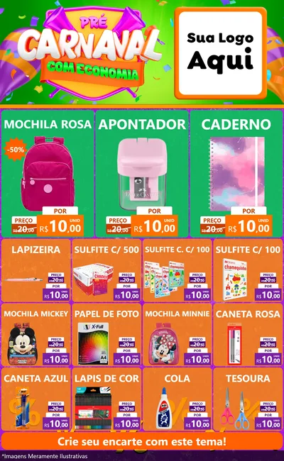 Modelo de Encarte para Encarte Grande com o tema Pré-Carnaval Com Economia para Papelaria