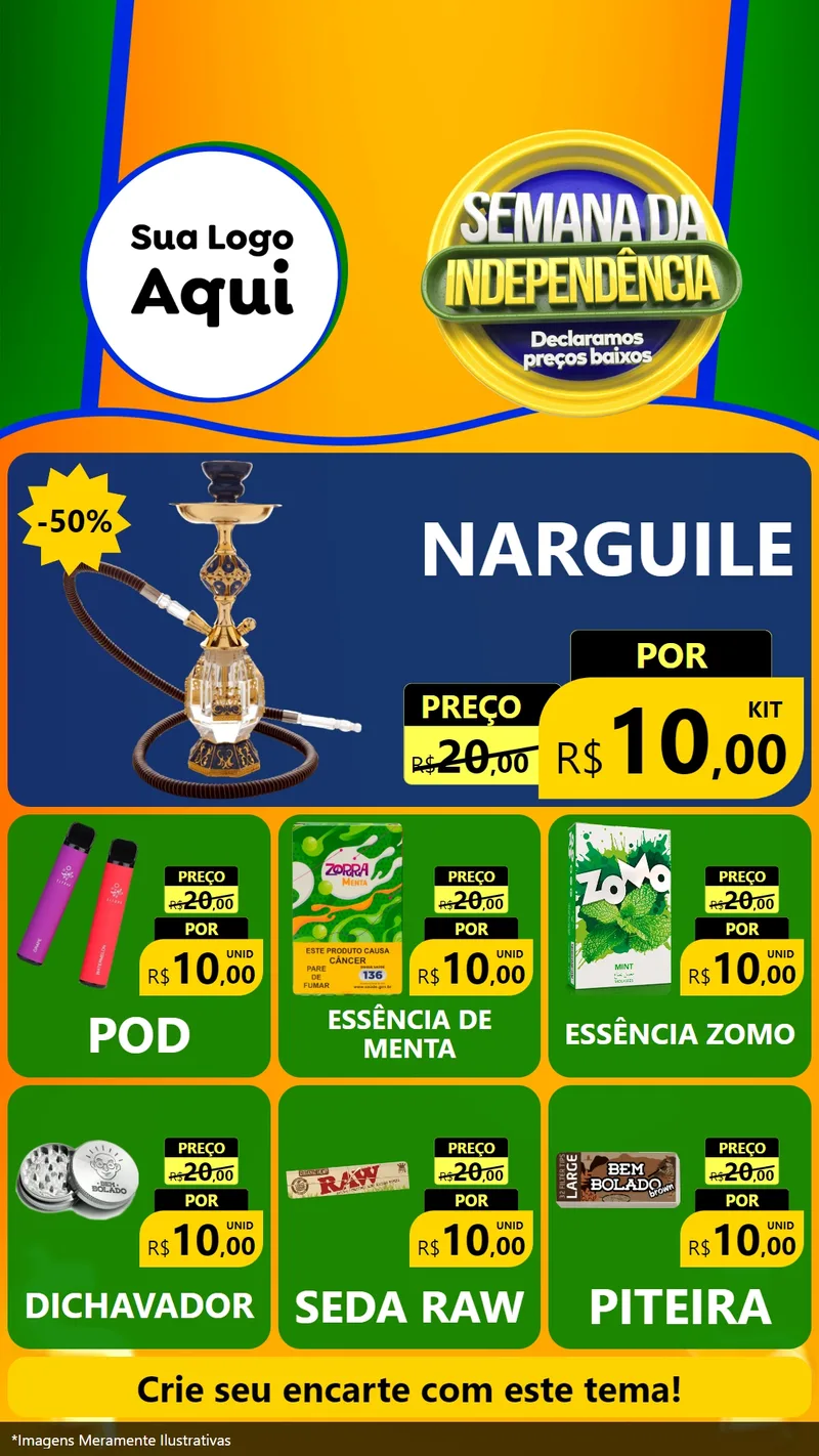 Modelo de Rede Social para Stories com o tema Semana da Independência Declaramos Preços Baixos para Tabacaria