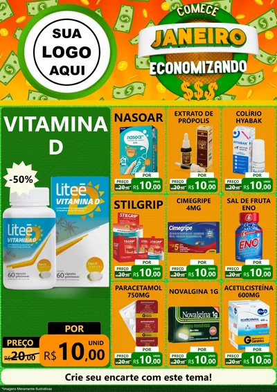 Modelo de Encarte para Encarte A4 Vertical com o tema Comece Janeiro Economizando para Farmácia
