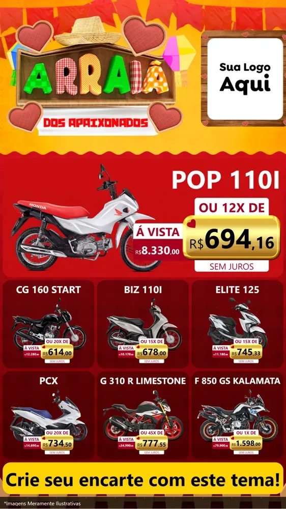 Modelo de Rede Social para Stories com o tema Arraiá Dos Apaixonados - Junina para Concessionaria de Motos