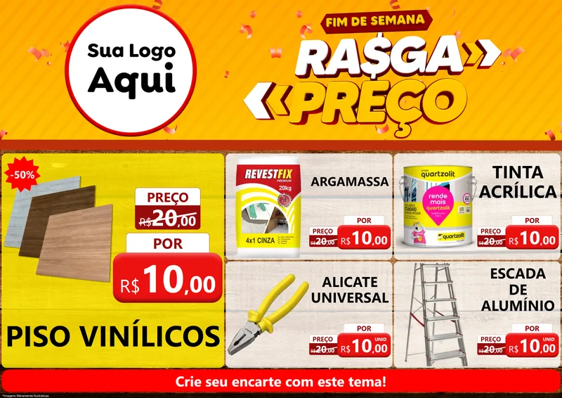Modelo de Encarte para Encarte A4 Horizontal com o tema Fim de Semana Rasga Preços para Material para Construção
