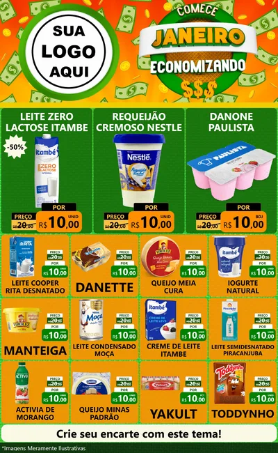 Modelo de Encarte para Encarte Grande com o tema Comece Janeiro Economizando para Frios e Laticínios