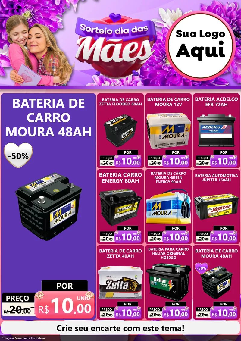 Modelo de Encarte para Encarte A4 Vertical com o tema Sorteio Dia das Mães para Baterias Elétricas