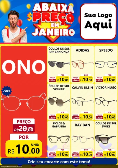 Modelo de Encarte para Encarte A4 Vertical com o tema Abaixa Preço em Janeiro para Óticas