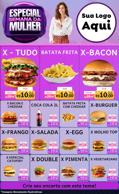 Modelo de Encarte para Encarte Grande com o tema Especial Semana da Mulher para Hamburgueria