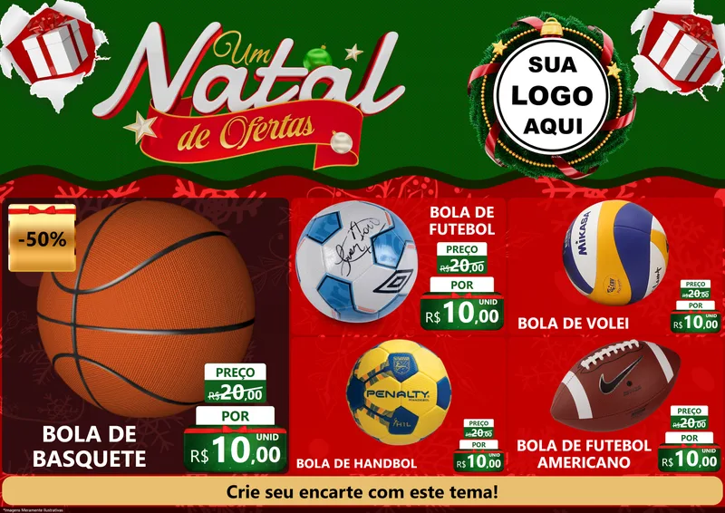 Modelo de Encarte para Encarte A4 Horizontal com o tema Um Natal de Ofertas para Artigos Esportivos