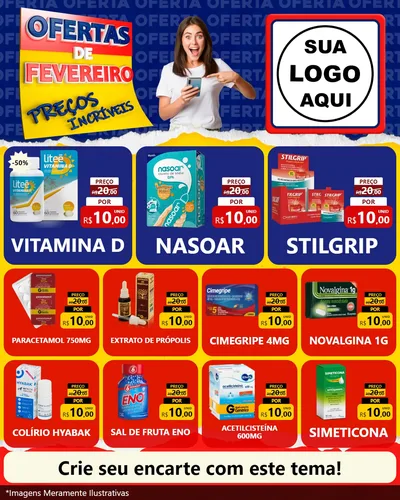 Modelo de Rede Social para Feed Instagram com o tema Ofertas de Fevereiro - Preços Incríveis para Farmácia