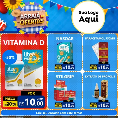 Modelo de Rede Social para Feed Facebook com o tema Arraiá de Ofertas para Farmácia