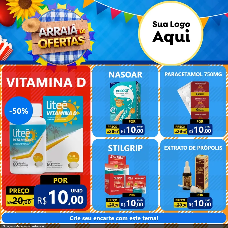 Modelo de Rede Social para Feed Facebook com o tema Arraiá de Ofertas para Farmácia