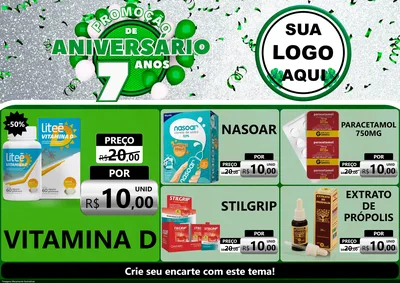 Modelo de Encarte para Encarte A4 Horizontal com o tema Promoção de Aniversário - 7 Anos para Farmácia