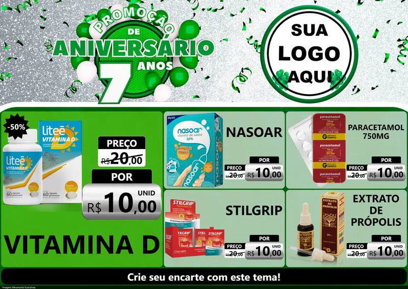Modelo de Encarte para Encarte A4 Horizontal com o tema Promoção de Aniversário - 7 Anos para Farmácia