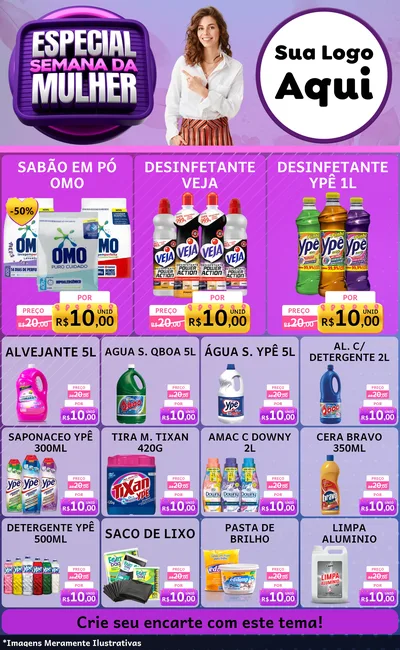 Modelo de Encarte para Encarte Grande com o tema Especial Semana da Mulher para Produtos de Limpeza