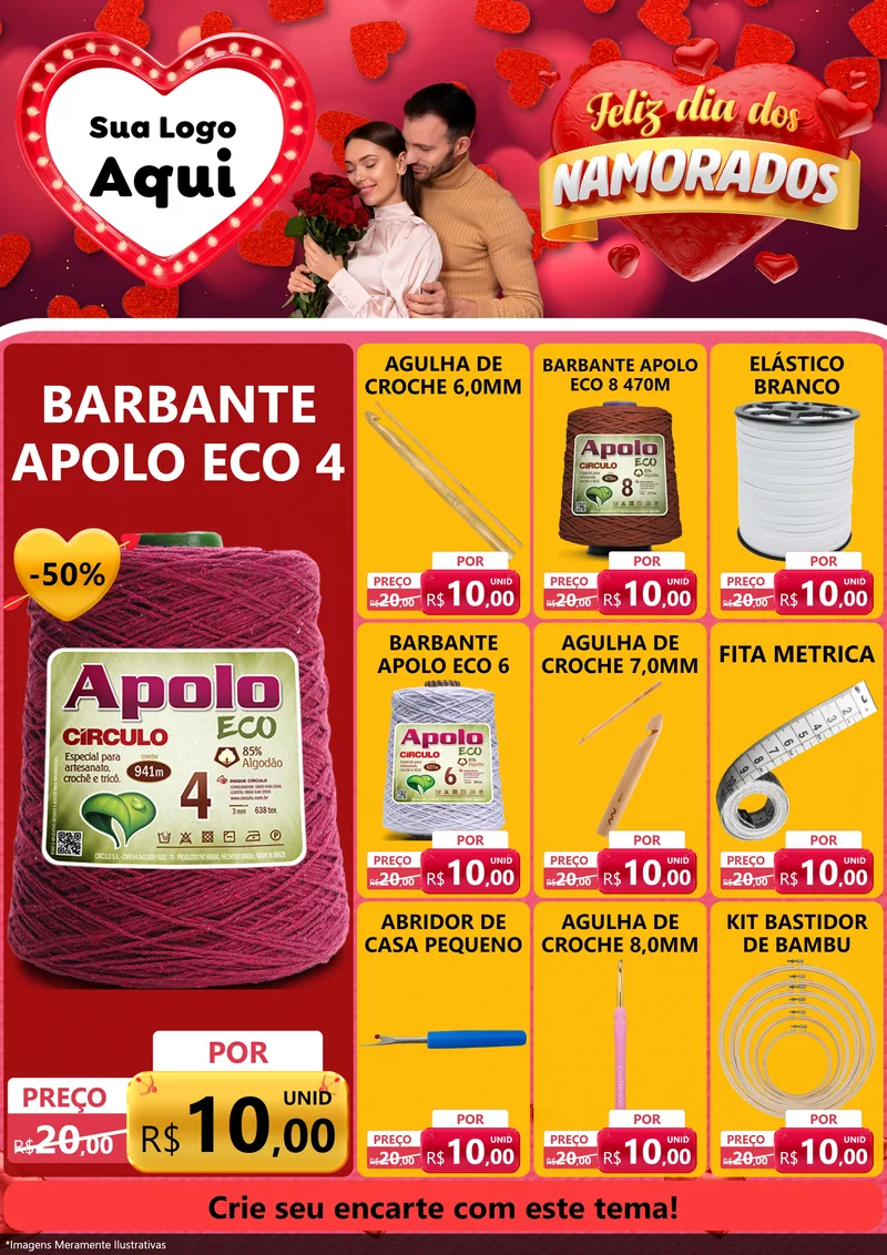 Modelo de Encarte para Encarte A4 Vertical com o tema Feliz Dia Dos Namorados para Armarinho e Aviamentos