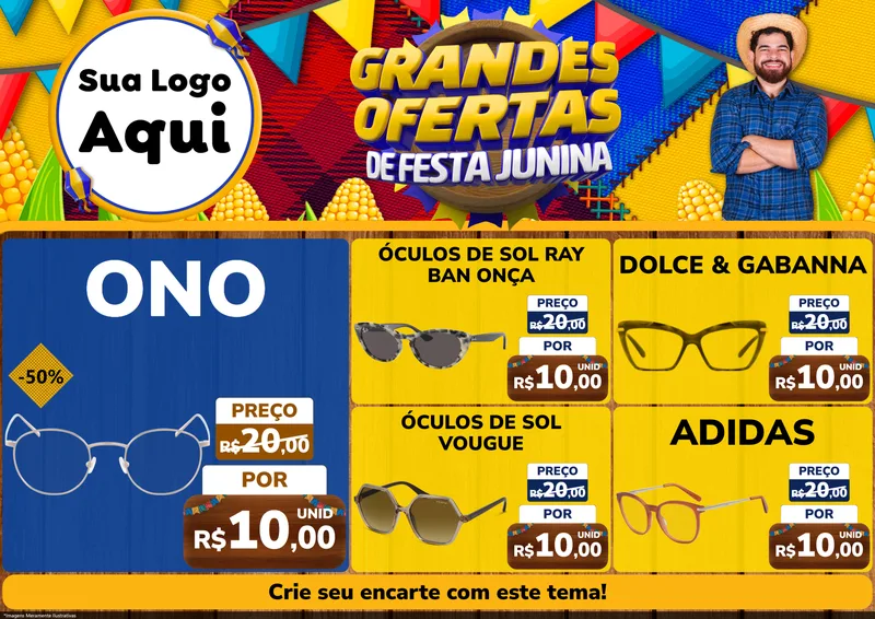 Modelo de Encarte para Encarte A4 Horizontal com o tema Grandes Ofertas de Festa Junina para Óticas