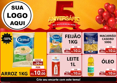 Modelo de Encarte para Encarte A4 Horizontal com o tema Aniversário do Supermercado - 5 Anos para Supermercado