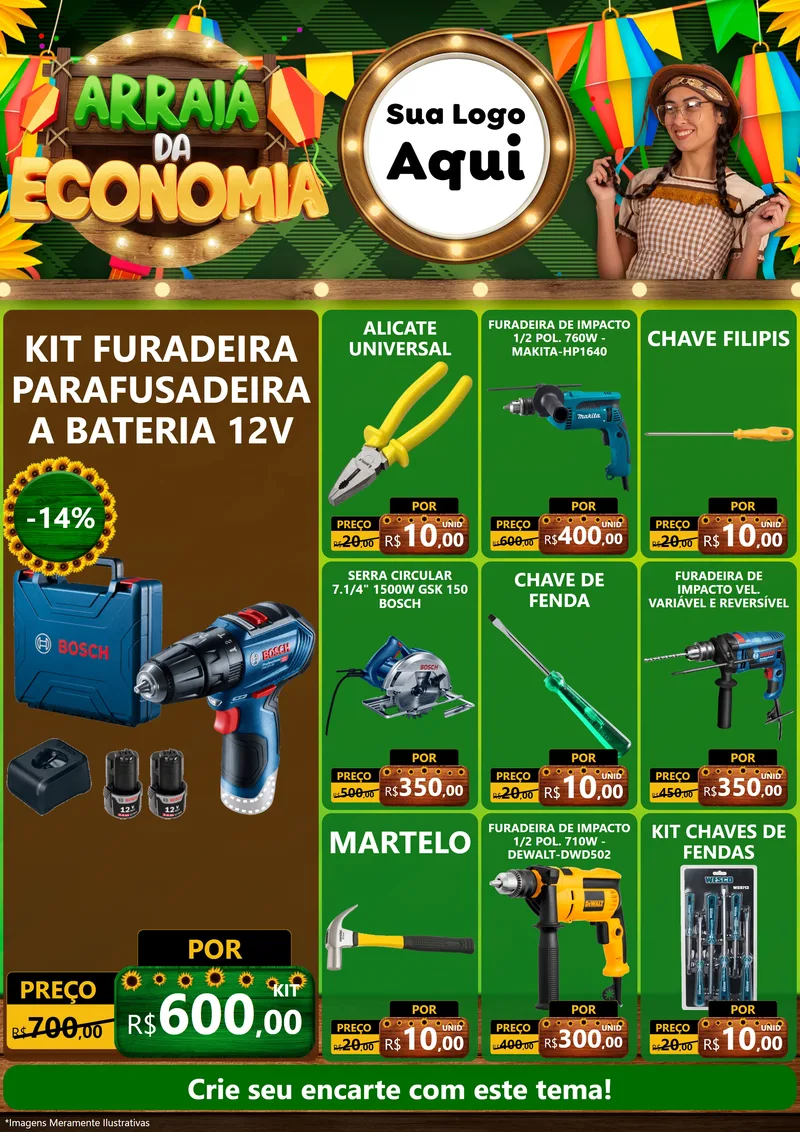 Modelo de Encarte para Encarte A4 Vertical com o tema Arraiá de Economia para Maquinas e Ferramentas