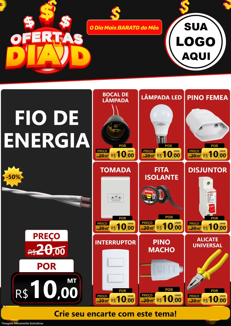 Modelo de Encarte para Encarte A4 Vertical com o tema Ofertas Dia D para Materiais Elétricos