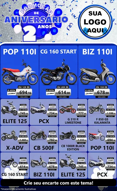 Modelo de Encarte para Encarte Grande com o tema Promoção de Aniversário - 2 Anos para Concessionaria de Motos