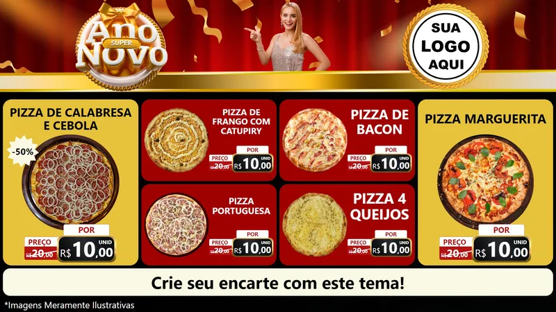 Modelo de TV para TV Horizontal com o tema Super Ano Novo para Pizzaria