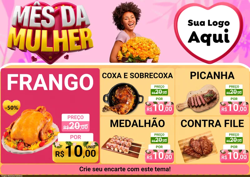 Modelo de Encarte para Encarte A4 Horizontal com o tema Mês da Mulher para Assados