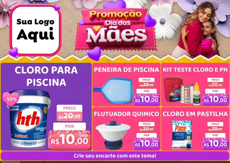 Modelo de Encarte para Encarte A4 Horizontal com o tema Promoção Dia das Mães para Produtos para Piscina