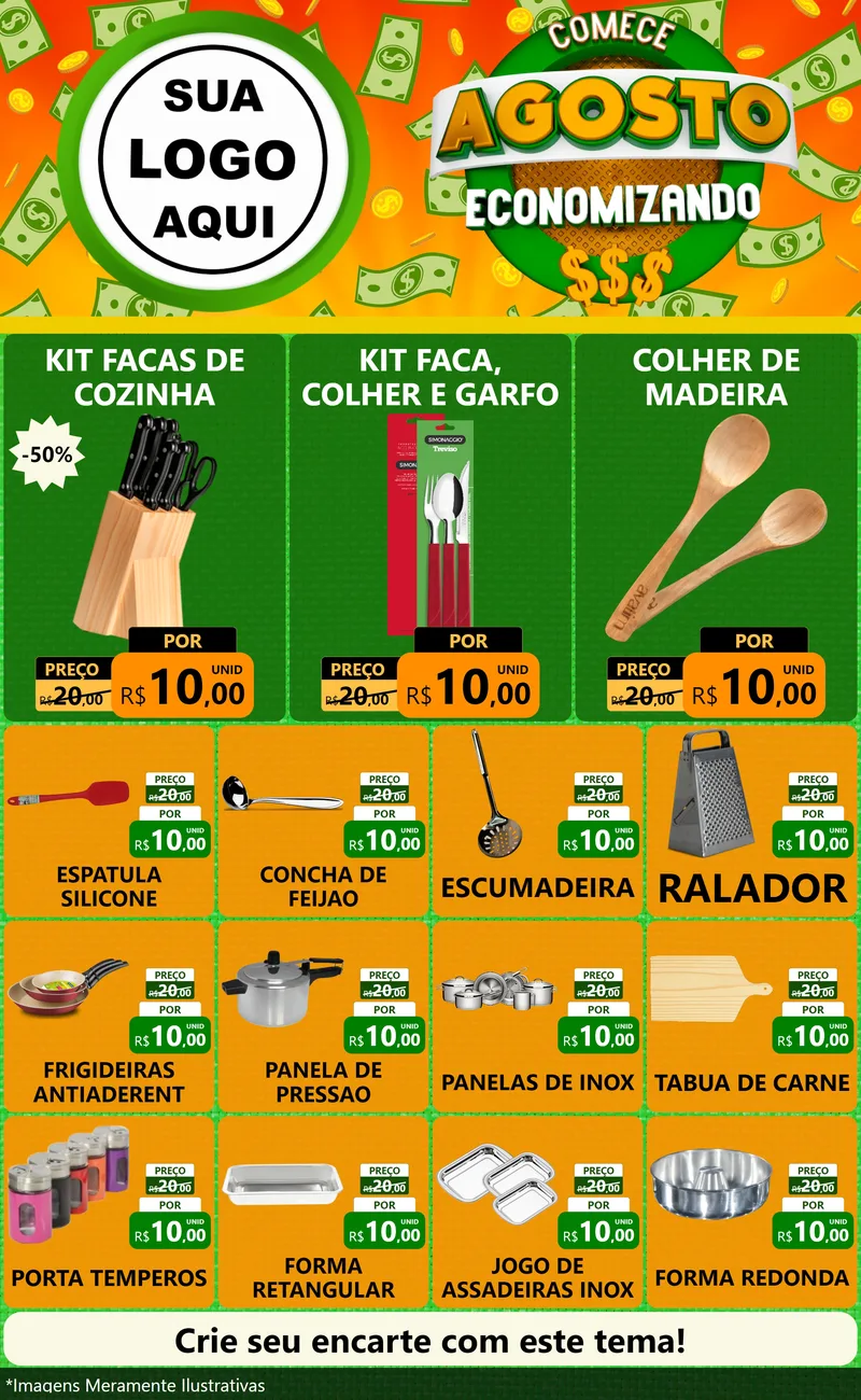 Modelo de Encarte para Encarte Grande com o tema Comece Agosto Economizando para Utilidades Domésticas